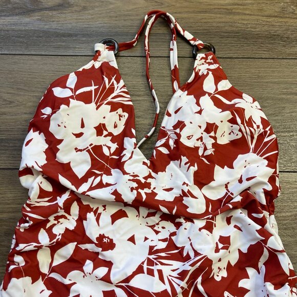 Cupshe Floral One Piece Swimsuit Womens XL O-Ring Back Tie Straps V Neck Red NEW - Picture 5 of 11